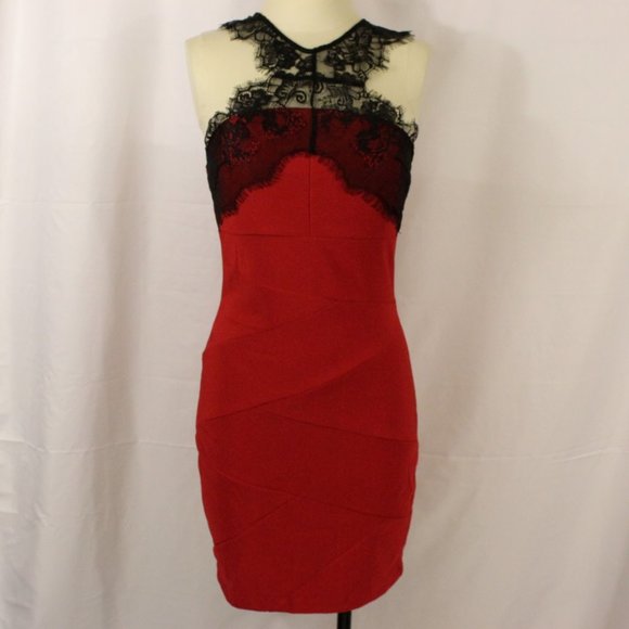Retro Pinup Style Body Con Sexy Red Dress with Halter and Lace Detailing - Picture 2 of 7